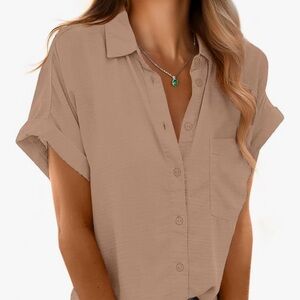 Tan Button Down Shirt with short Sleeves